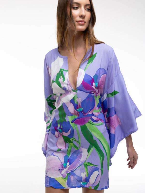 Luxe lilac floral orchid kimono-style garment crafted from Italian viscose, elegant summer 2026 collection piece.
